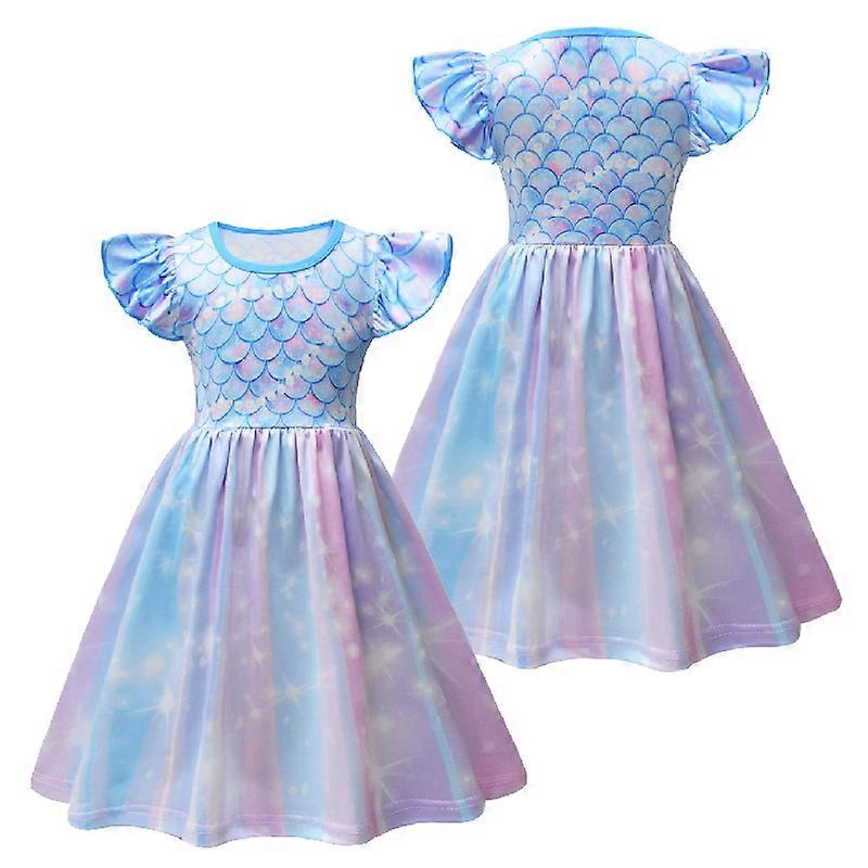 Robe de princesse petite sir��ne pour enfants, tenue d'��t�� �� manches courtes, douce et mignonne, rose, bleu, col rond, impression ��cailles de
