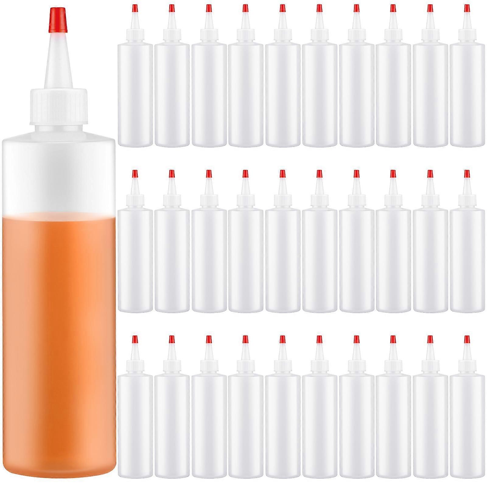 30 Pack 8.5 oz Plastic Squeeze Bottles with Leakproof Red Caps and Funnels for Sauce and Dressing