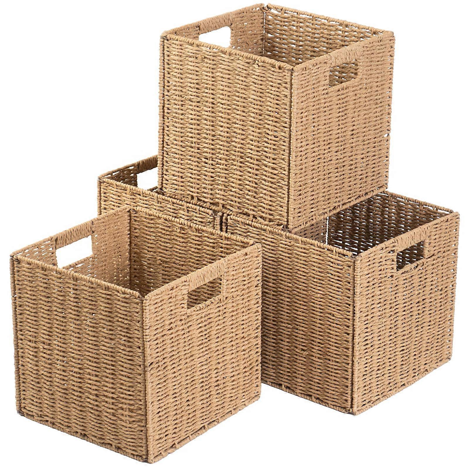 Foldable Storage Bins Set of 4 with Handles, Handwoven Cube Organizer for Shelves 11x11x11