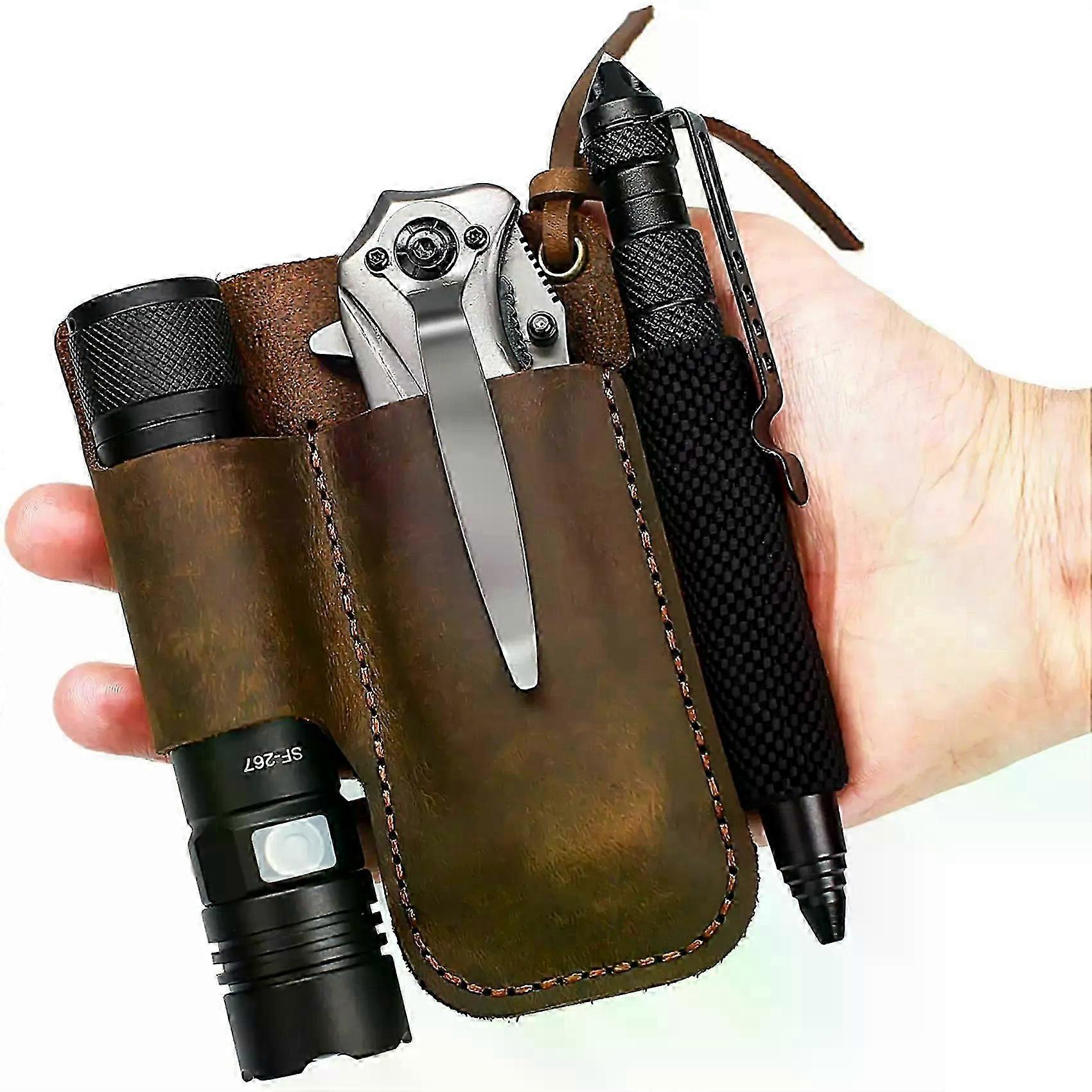 Handmade Leather Sheath Folding Knife Flashlight Holder EDC Tool Brown CX