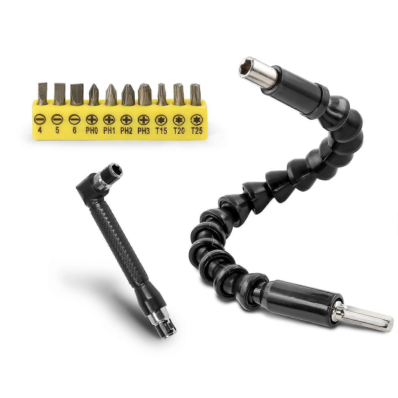 Flexible Drill Bit Extension with 90° Right Angle Design and Magnetic Bit Holder, 11.6in Shaft Set