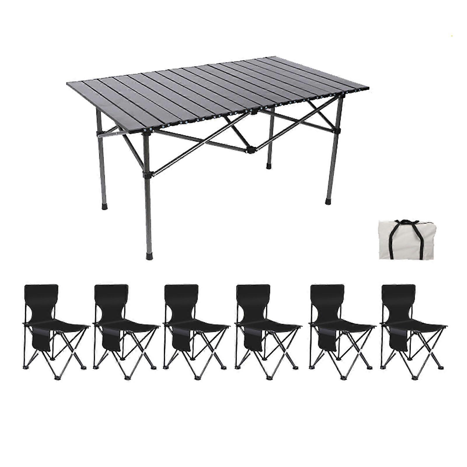 Camping Table and Chairs Set for 7, Lightweight Aluminum Roll Up Table, Foldable Outdoor Dining