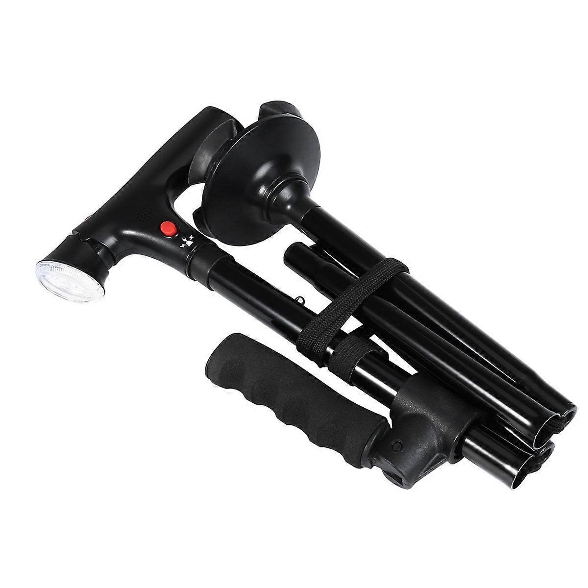 This telescopic folding cane features LED indicator lights and an alarm function, making it suitable for elderly users.