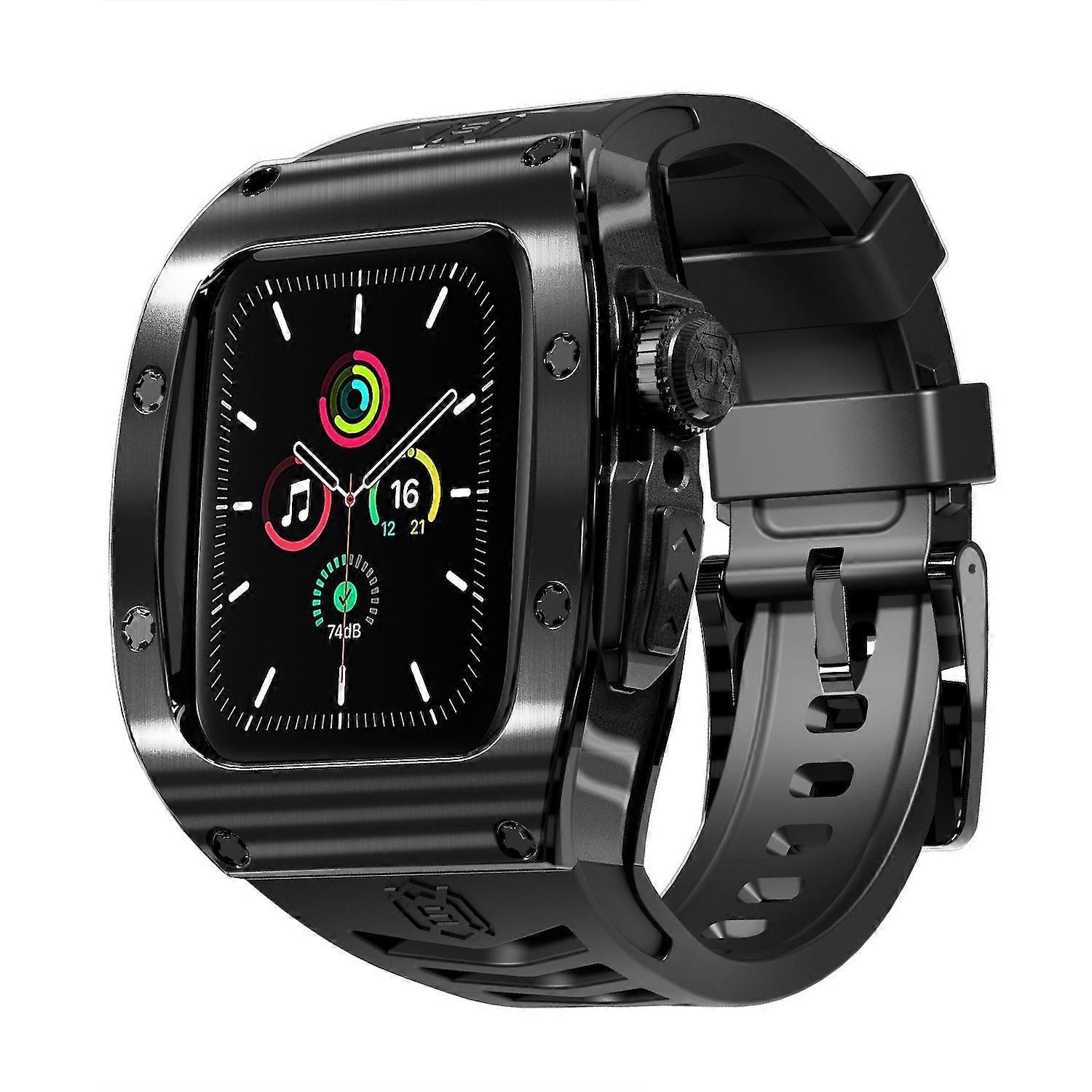 For Apple Watch Series 9 8 7 45 / SE 6 5 4 44 Silicone Band Metal Case