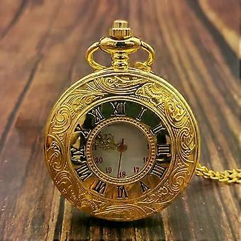 Gold Roman Numerals Quartz Pocket Watch Chain Men Women Hollow Case Vintage Pendant Necklace Best Gifts for Men Women