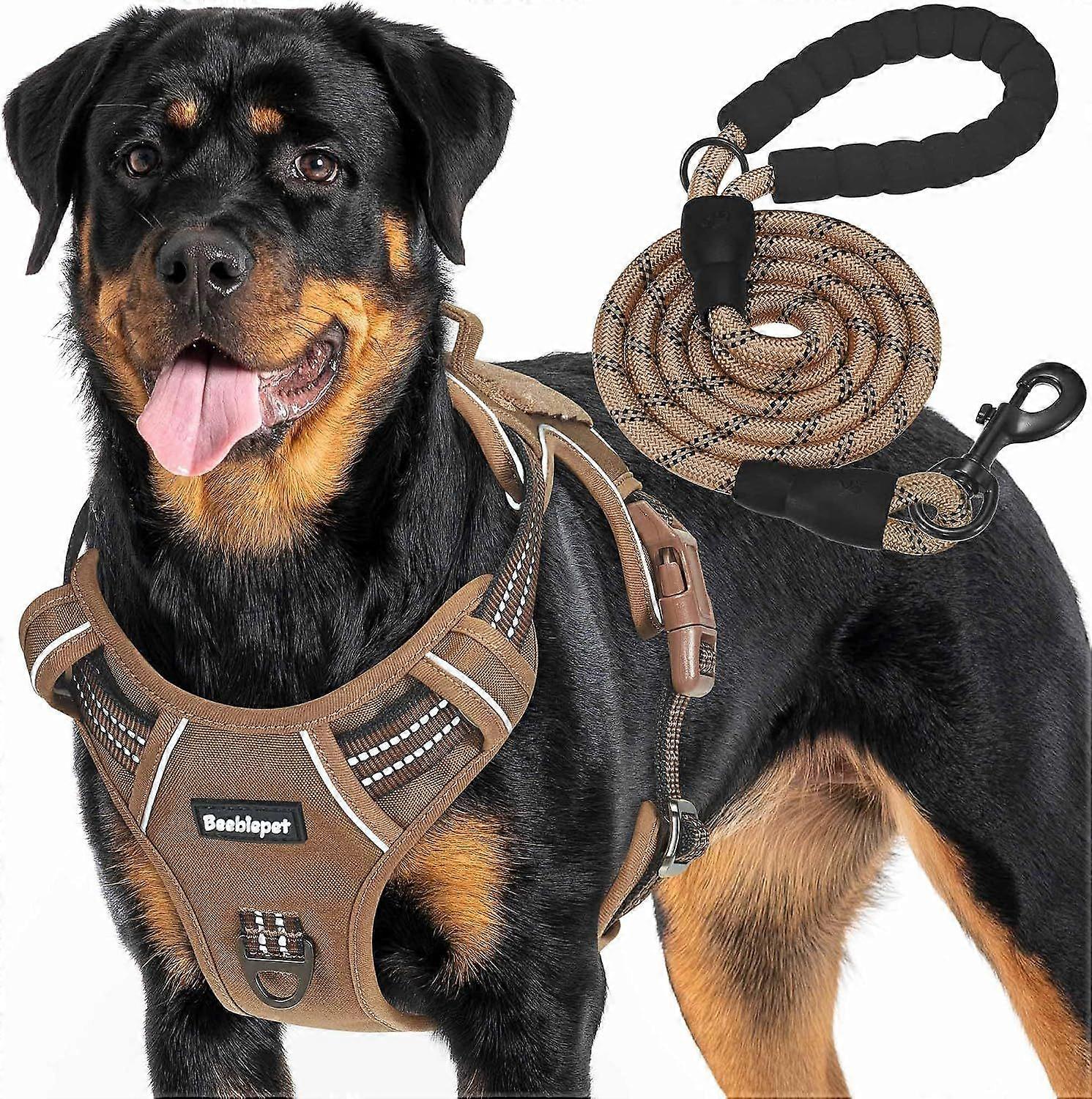 Tactical No Pull Dog Harness with Leash, Large, Brown