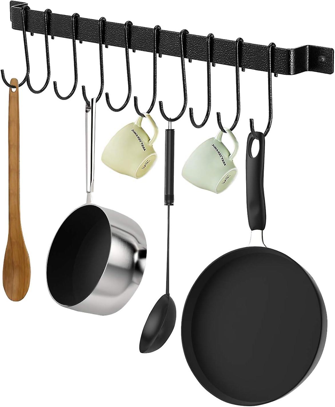 Kitchen hook rack, kitchen rail with 10 hooks (black)
