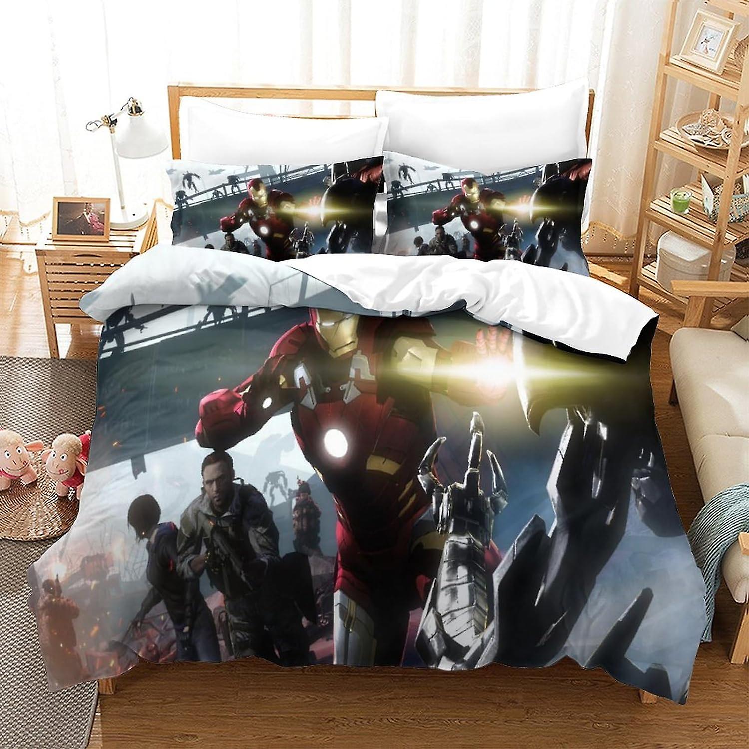 3D Printed Iron Man Bed Kit with Superheroes Design, Soft Microfibre, 3 Piece Duvet Cover Set, 2 Pillowcase, Hidden Zip, .