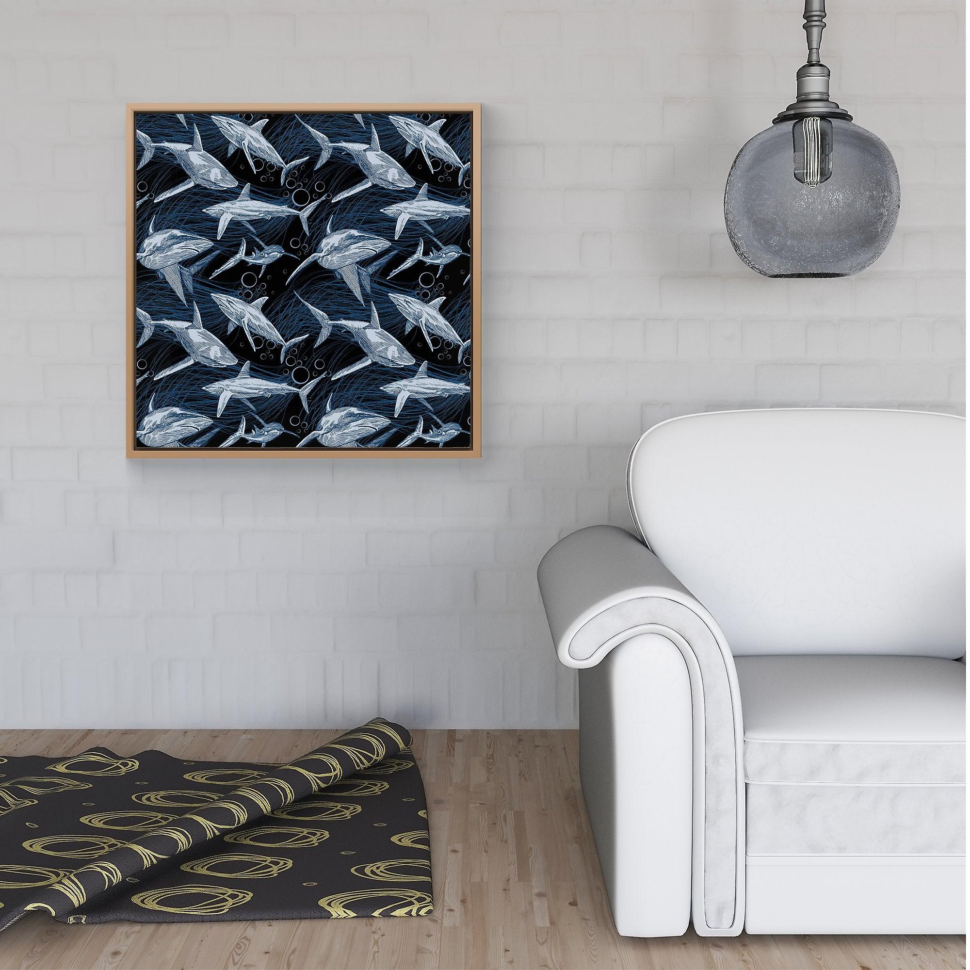 Hand Drawn Shark Pattern Framed Canvas