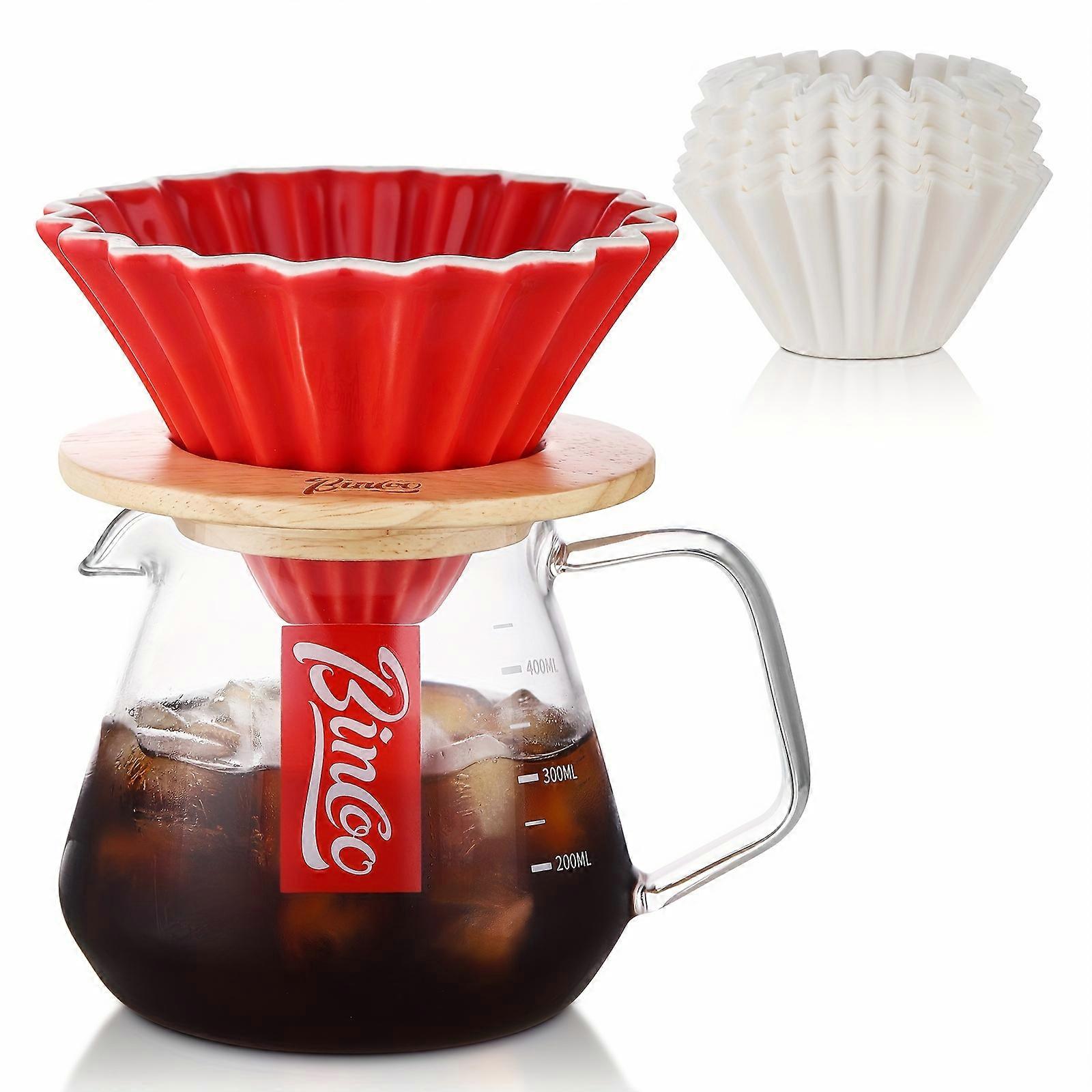 Bincoo Pour Over Set Caffettiera con Gocciolatore, Set Server Caffè in Vetro da 400 ml, Gocciolatore Caffè V60 in Ceramica con Supporto in Legno e Carta Da Filtro per Home Offic
