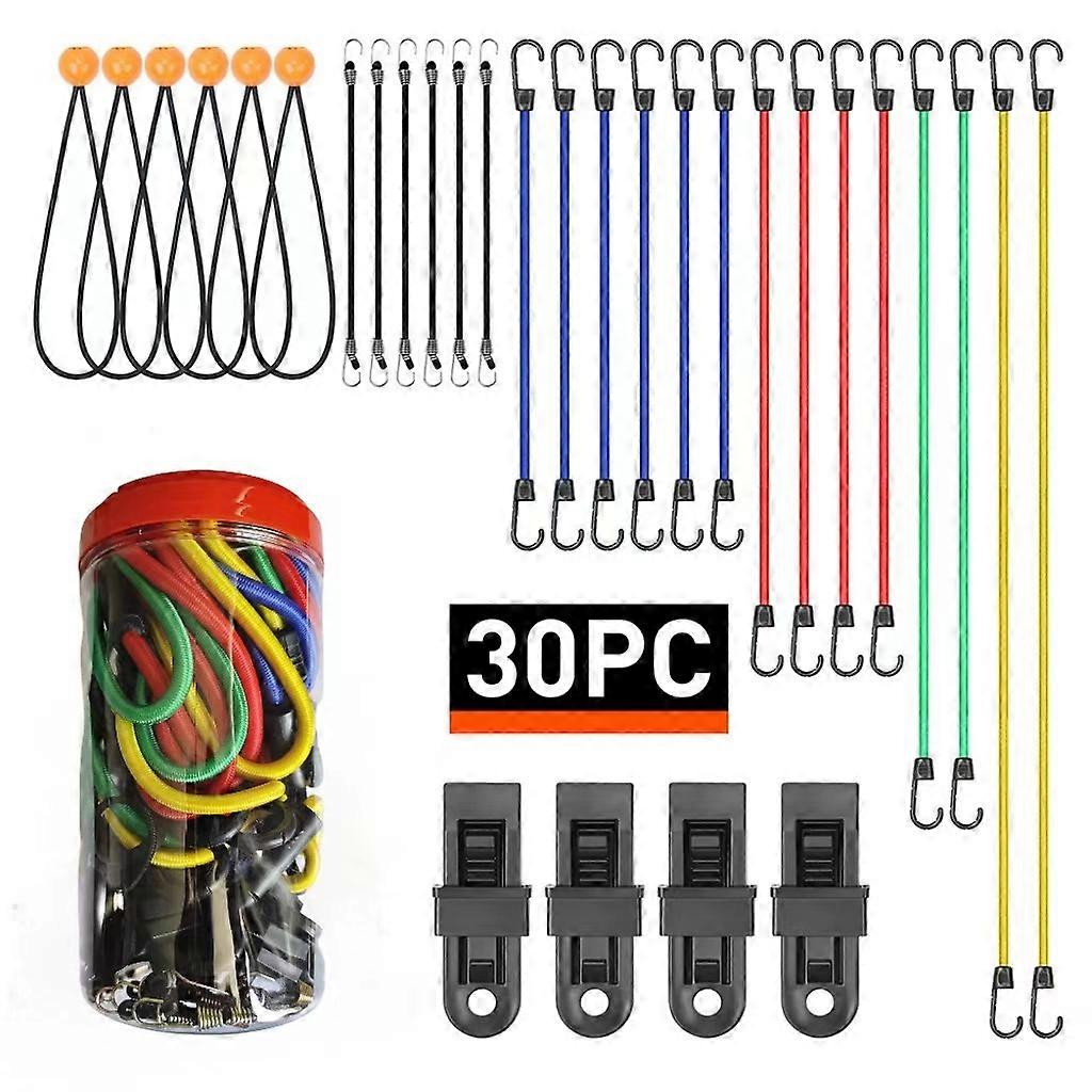 30 Pack Bungee Cords with Hooks | Includes 10", 18", 24", 32", 40" Bungee Cords | 8" Tarp Bungee Balls | Tarp Clips