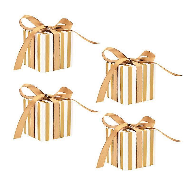 50 Pcs Korean Striped Candy Boxes Small Square Chocolate Boxes Gift Container With Ribbon For Wedding (Golden Striped)