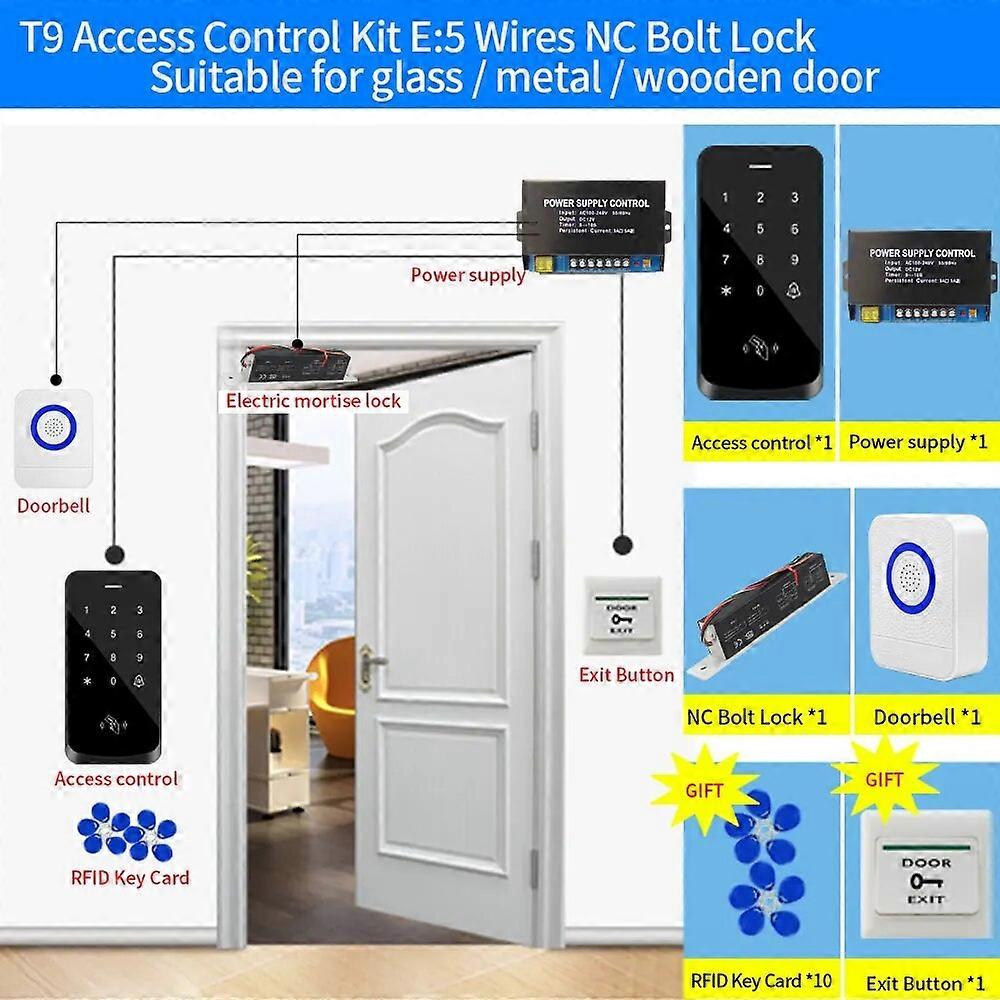 T9 Access Control System Set IP67 Waterproof Access Control Kit Touch Keypad +RFID EM Card+ Magnetic Door Lock +12V Power Supply
