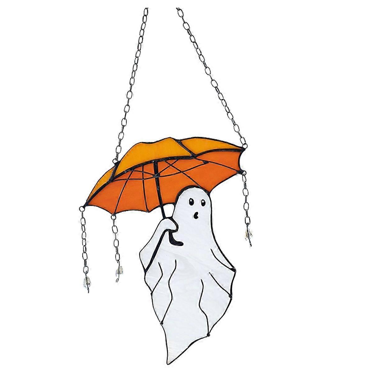 Funny Halloween Ghost with Umbrella Stained Suncather Halloween Decor, Wall Sun Catcher