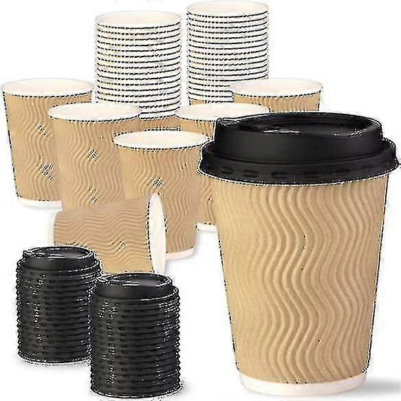 50 Pcs Ripple Insulated Disposable Hot Coffee Paper Cup With Cappuccino Lids High Quality