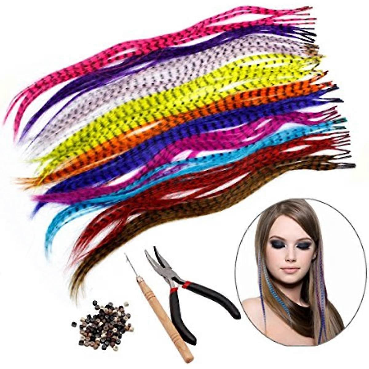 Feather Hair Extension Kit with 52 Synthetic Feathers 100 Beads Pliers and Hook (mixed colors)