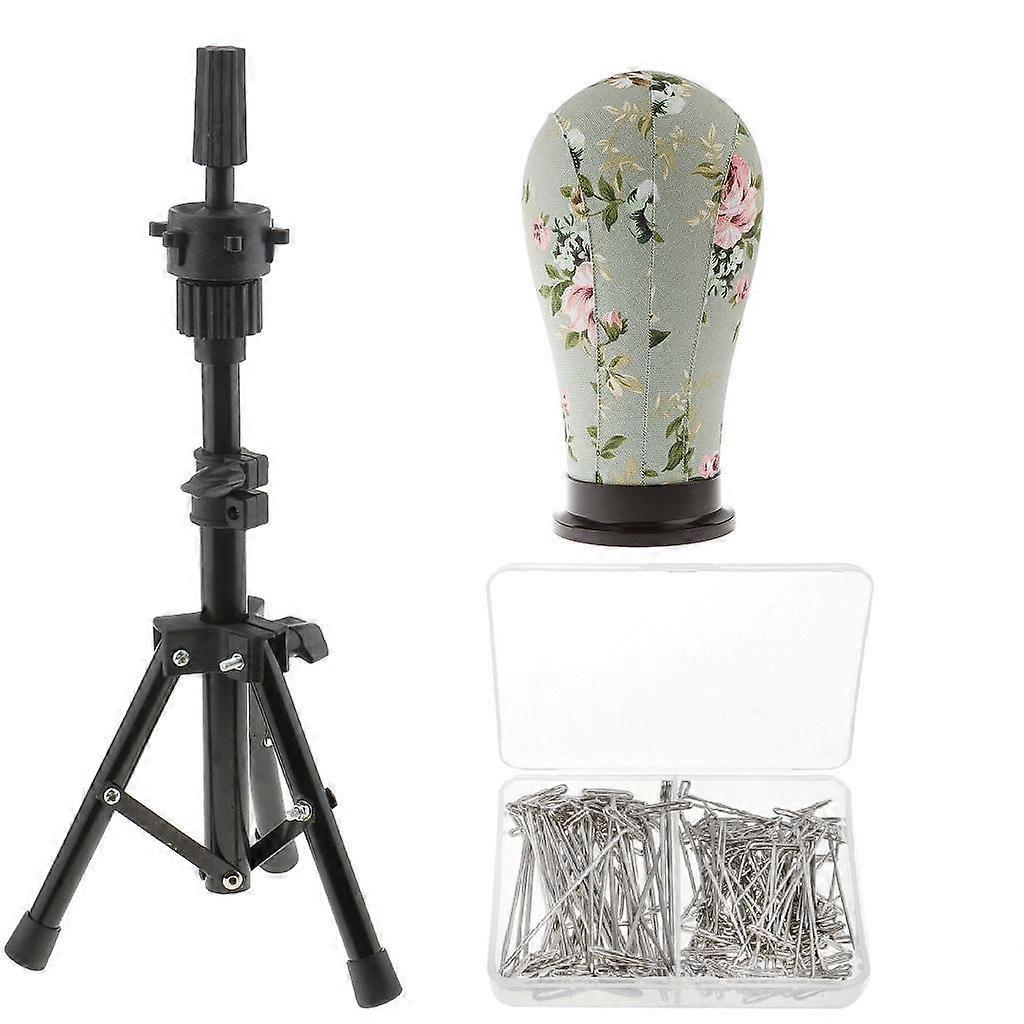 21 inch Mannequin Model Cork Canvas Block Head with 150x 51mm & 38mm T Needle Pins and Stand for Wigs Making Display Set