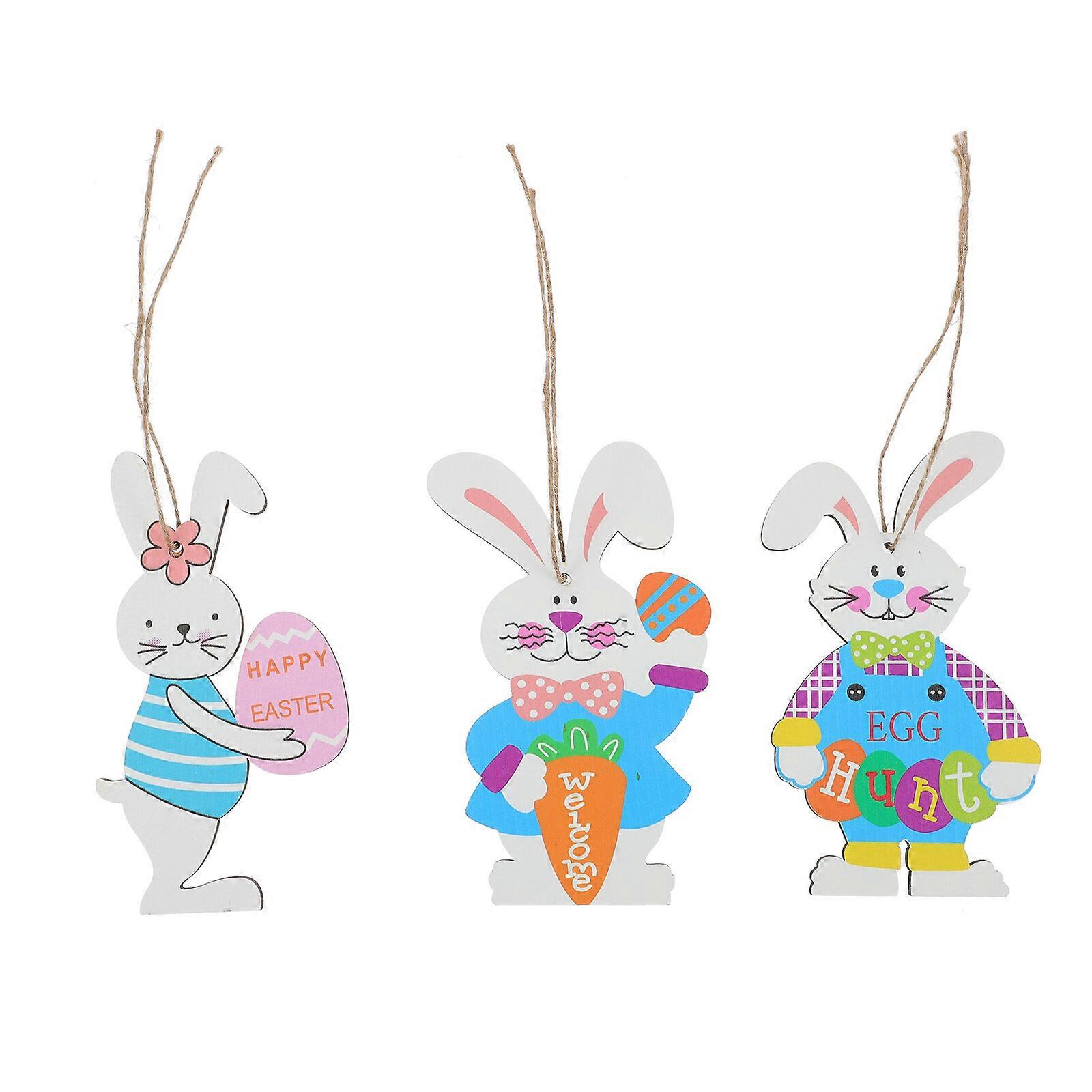 3pcs Easter Rabbit-shaped Pendants Wooden Rabbit Hanging Decor Easter Party Decor