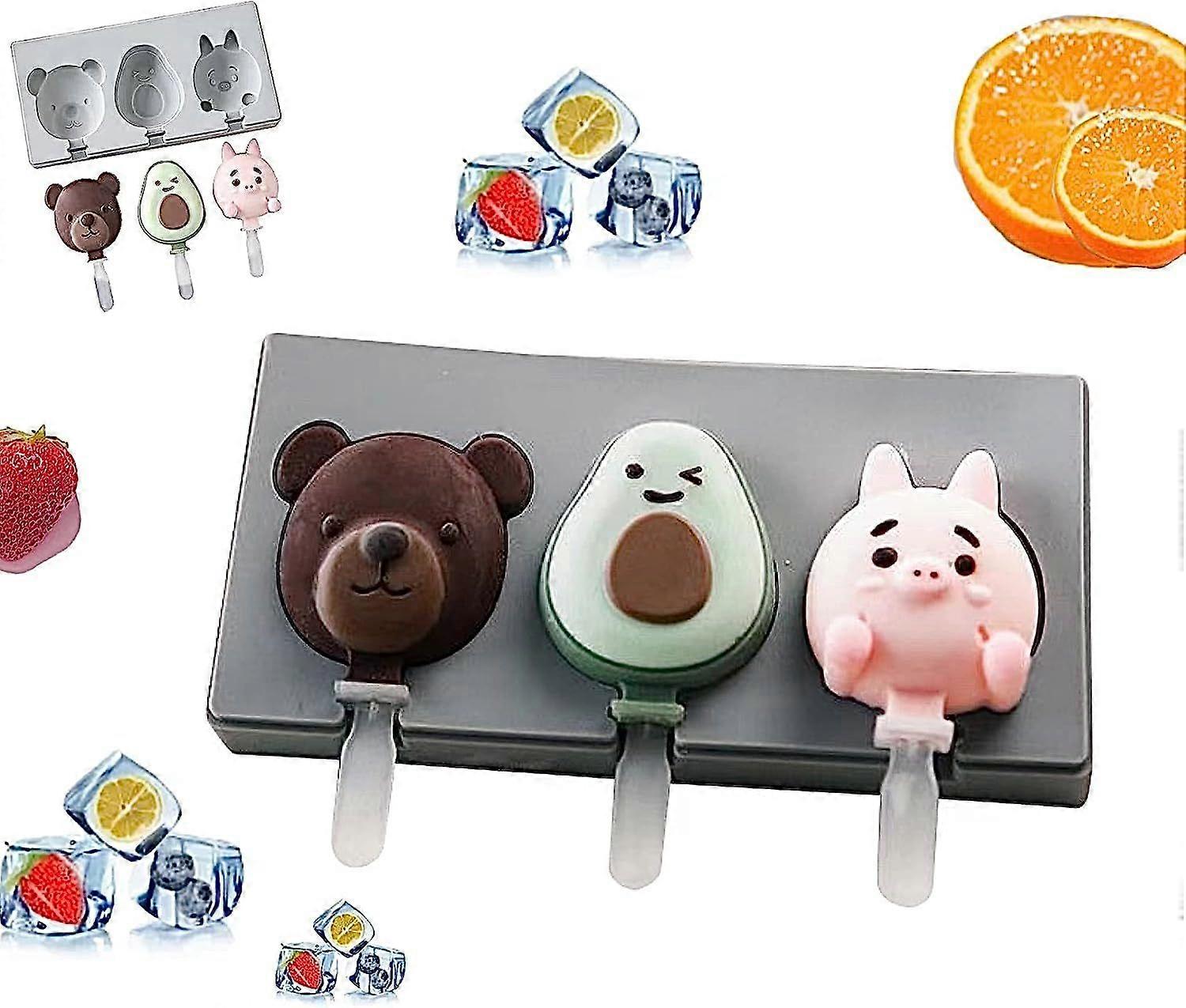 Popsicle Mold Silicone Ice Cream Molds Reusable Ice Pop Molds with Sticks Popsicle Maker Cartoon Popsicle Molds (3 grids cartoon ice cream mold)