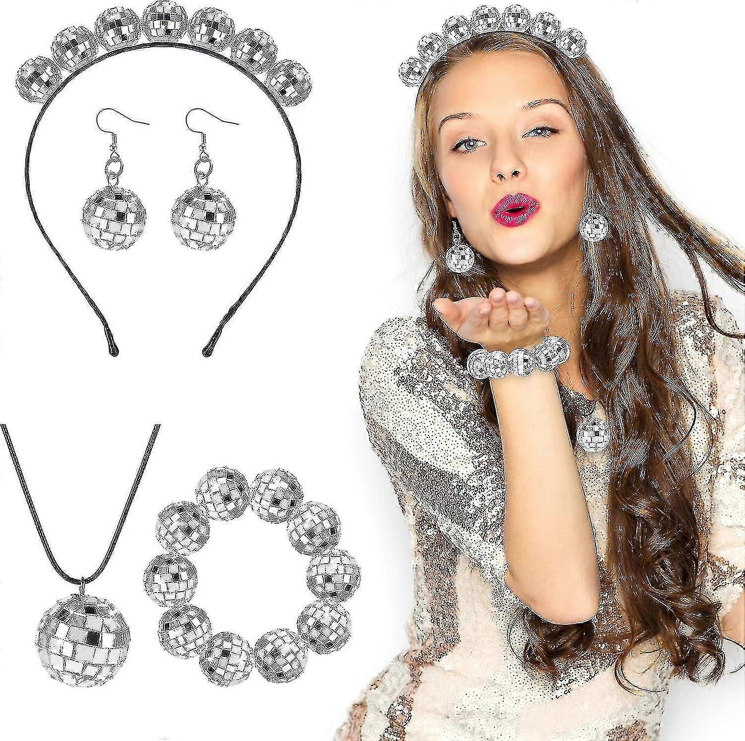 אביזרי כדור דיסקו תחפושות דיסקו שנות ה -70 לנשים, כדור דיסקו סרט ראש עגילי כדור דיסקו בה