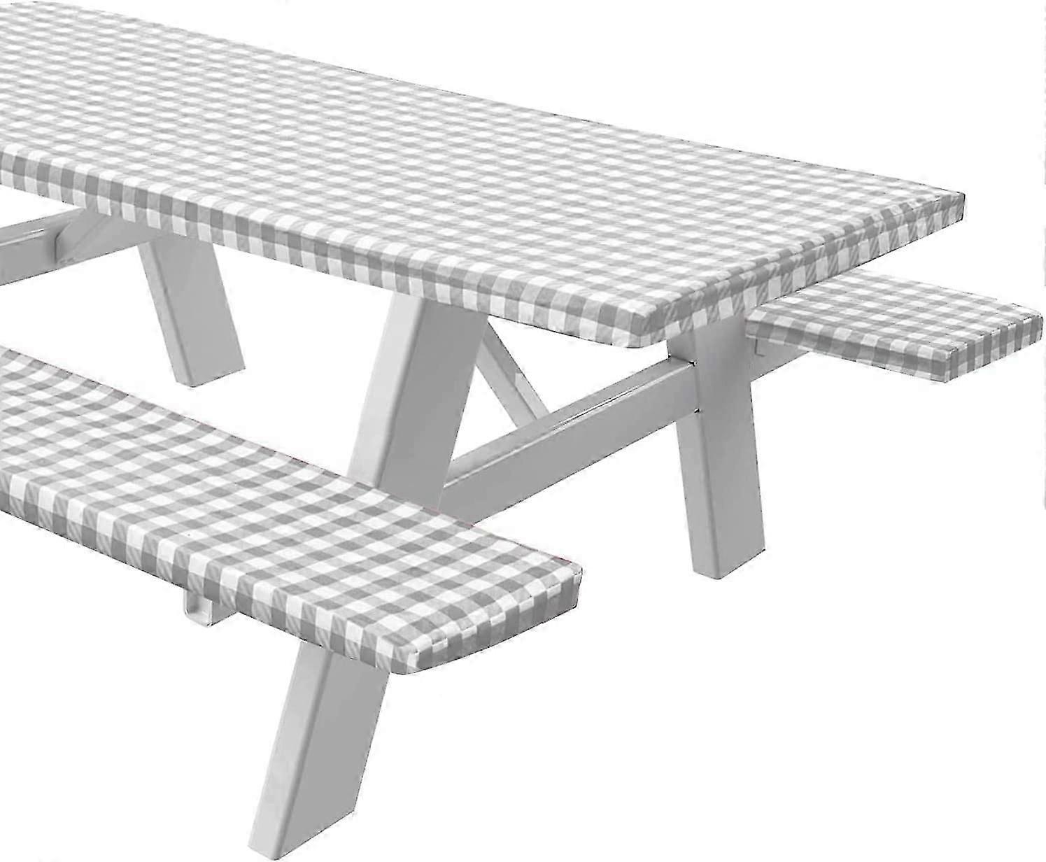 Vinyl Picnic Table and Bench Fitted Tablecloth Cover, Checkered Design, Flannel Backed Lining, 34.7 x 76.8 Inch, 3-Piece Set, Gray