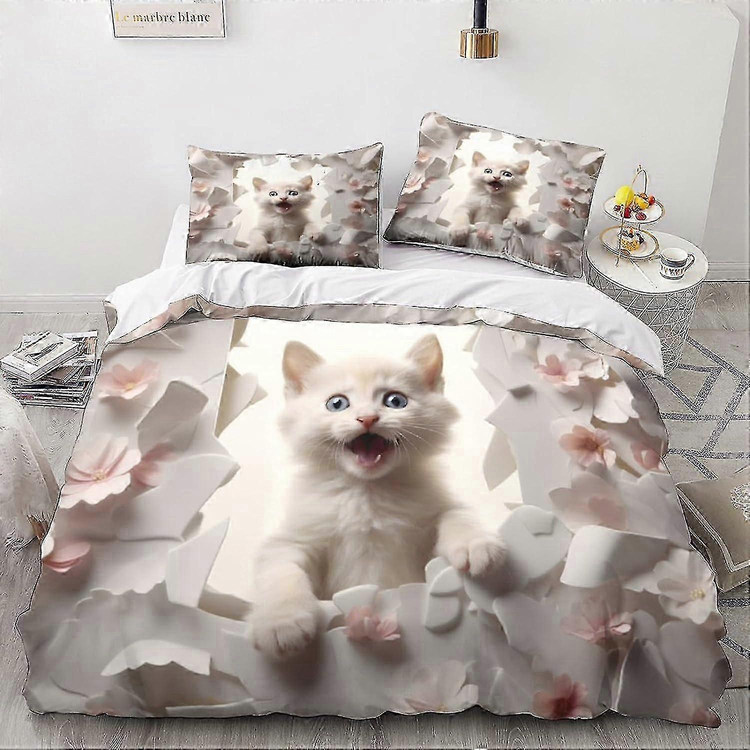 o4764 Lençóis 3 Peças Capa de Edredão para Gatos com Fronhas, Conjunto de Cama com Estampa de Gatinho com Fecho de Zíper, Capa de Colcha de Animais Lençóis de Cama de Casal fVV4