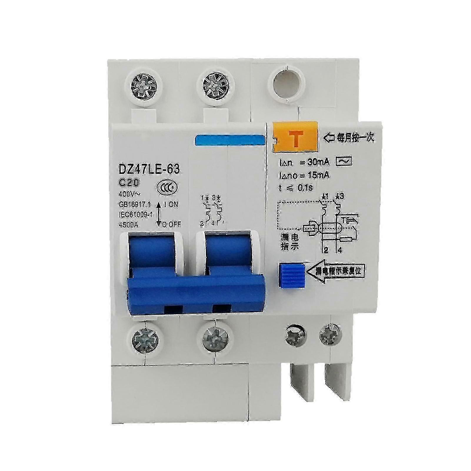 Miniature Residual Current Circuit Breaker 2 Poles 30ma 400v Household Electric Leakage Protector Din Rail Installation Dz47le-63