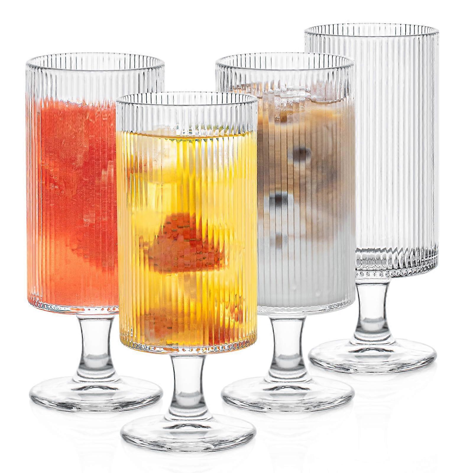 Ribbed Glass Goblets Set of 4 – 12oz Stemmed Vertical Stripe Drinkware for Wine, Cocktails, and Parties