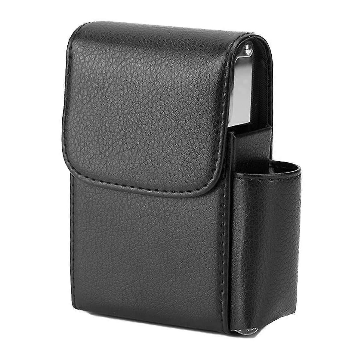 Cigarette Organizer Case Lychee Pattern PU Leather Cigarette Box with Lighter Holder Portable Cigarette Box(Black)