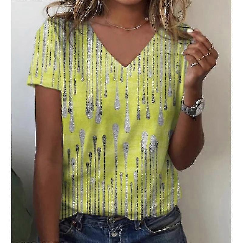 T-shirt femme Tee Blanc Jaune Bleu Rayé Imprimé Manches courtes Casual Week-end Basic V Neck Regular Painting