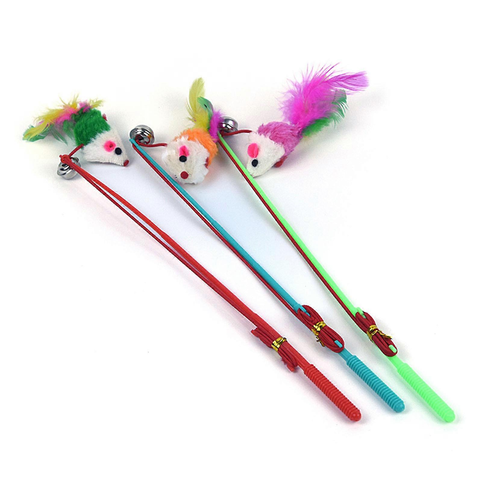 3 Pcs Colorful Fake Mouse Feather Wand Chases Exercise Cat Toy Interactive Cat Toy Teaser Stick for Indoor Cats