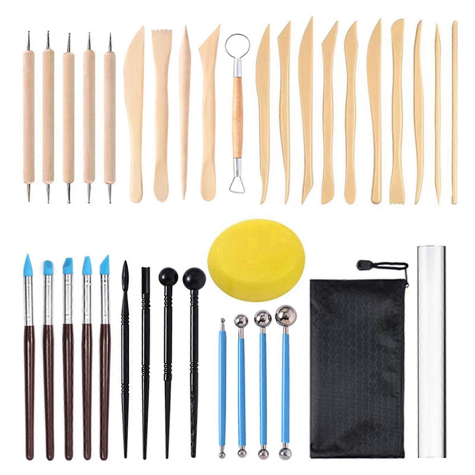 36 Pcs/Set Pottery Clay Sculpting Tools with Storage Bag Modeling Clay Tools Dotting Tools for Rock Painting Cake-Decor
