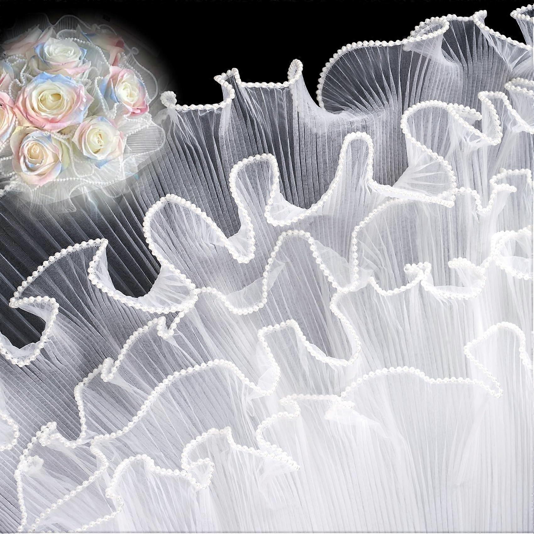 Flower Wrapping Paper 13 Yards with Pearl Edge, White Floral Mesh for Wedding, Christmas, and Valentine's Gift Packaging (3pcs)