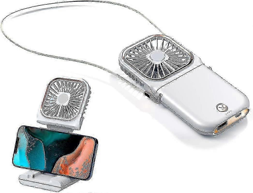 Hands Free Portable Neck Fan, USB Rechargeable and Foldable with Mobile Phone Holder, Multi-functional Personal Fan Ideal for Travel and Spo