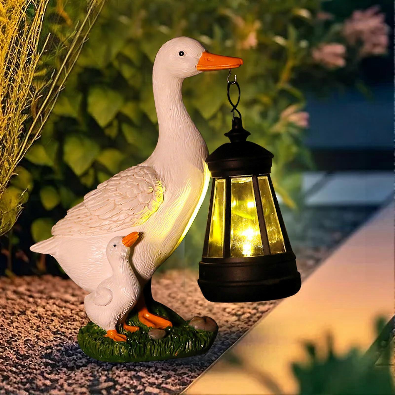 Garden Figures for Outdoor Weatherproof, Duck Garden Statues with Solar Lanterns