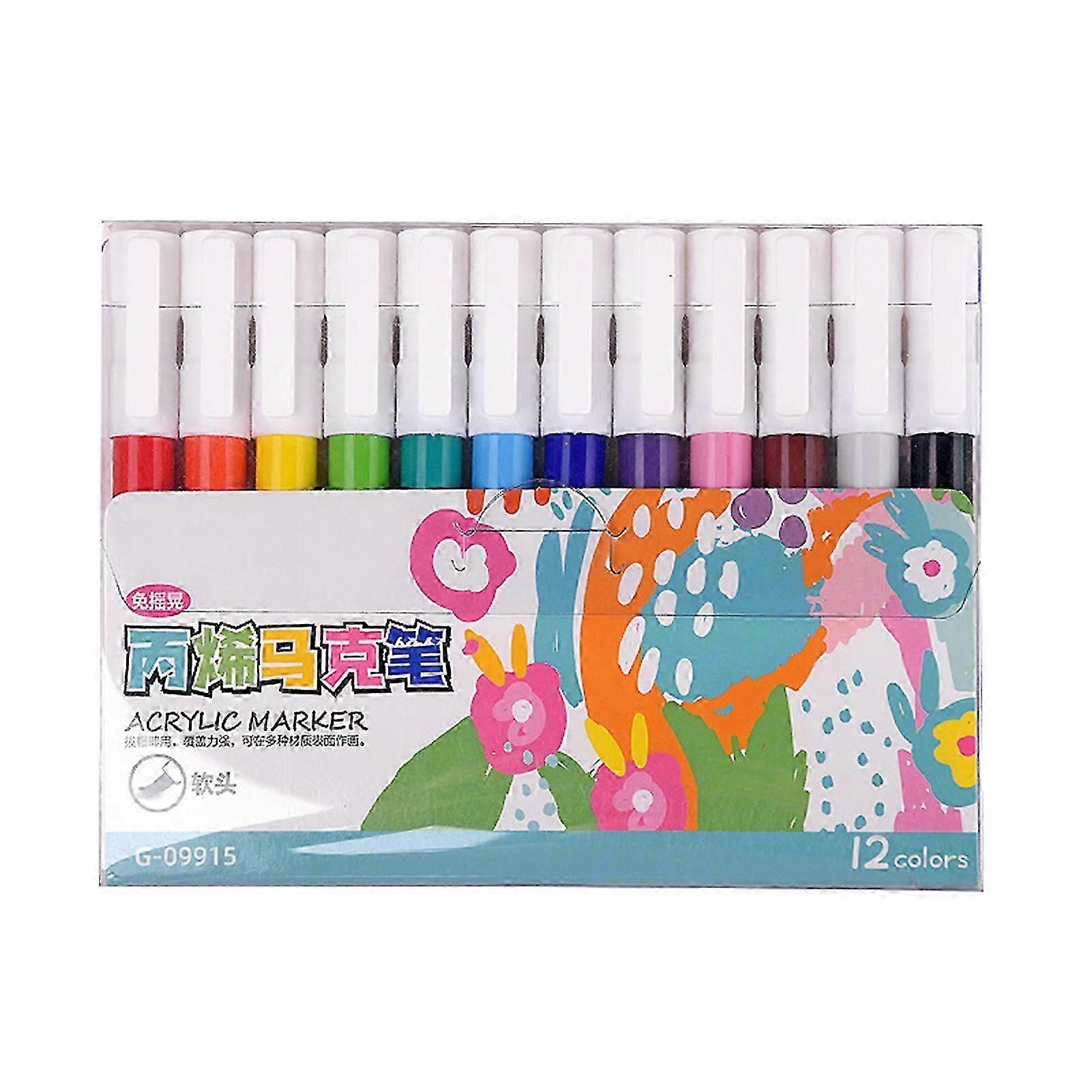 12 Color/Set Acrylic Marker Washable Water-based Paint Marker Soft Head Smooth Writing Assorted Color Marker for Students
