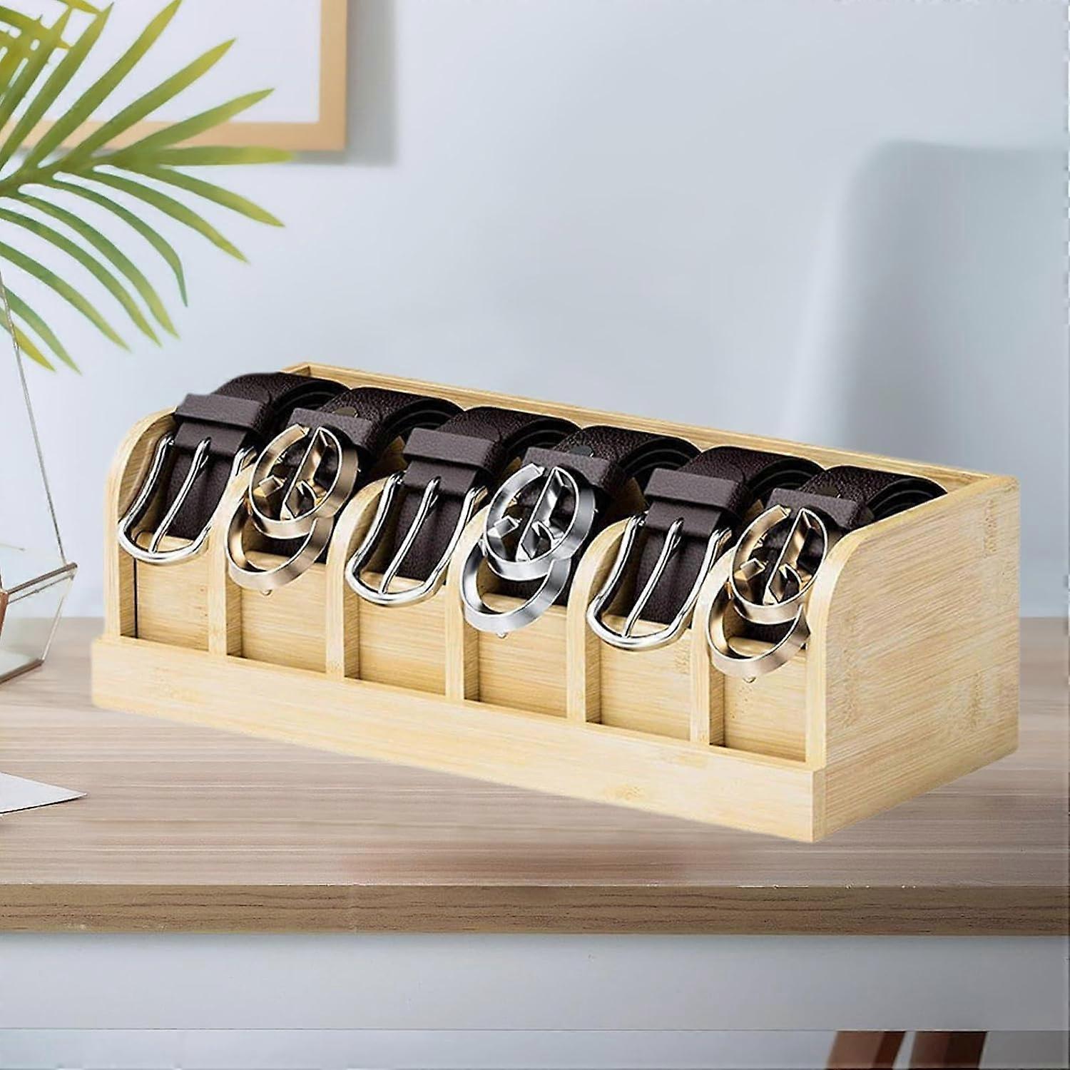 Belt Organiser Display Box Wooden Storage for Ties and Belts with 6 Separators for Men and Women, Brown Color