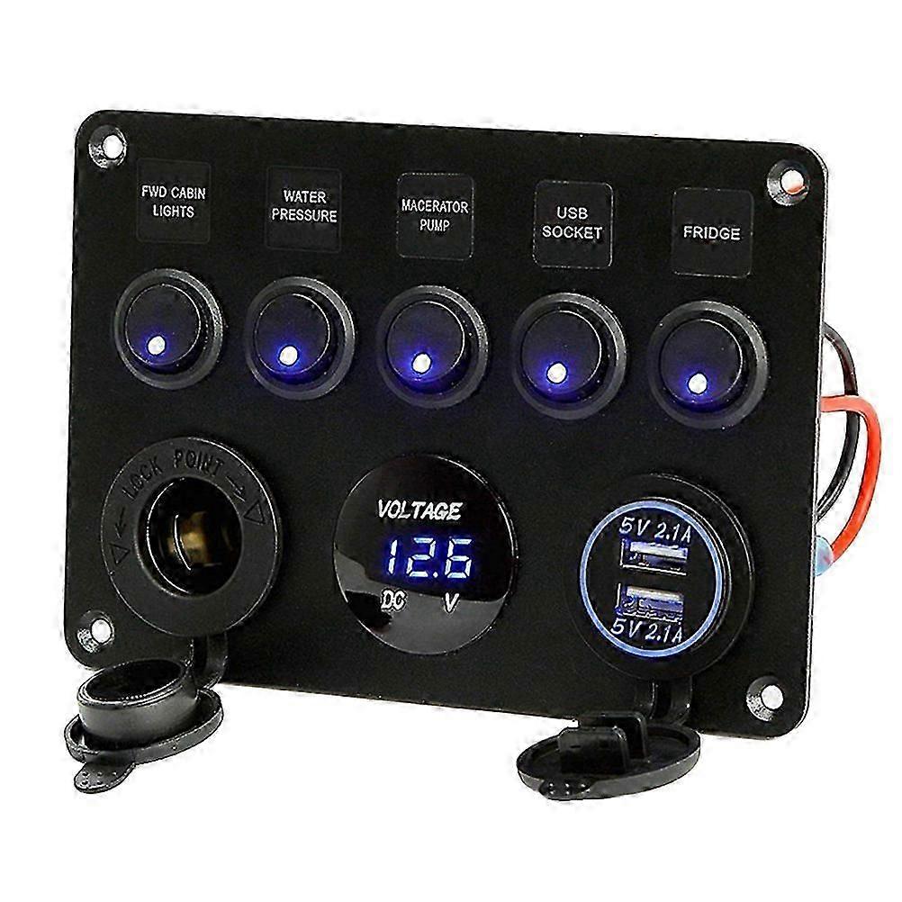 1Pc 5-button Switch Panel with Safety Fuse and Voltmeter and Double USB and Cigarette Lighter Socket for Automobile(Blue)