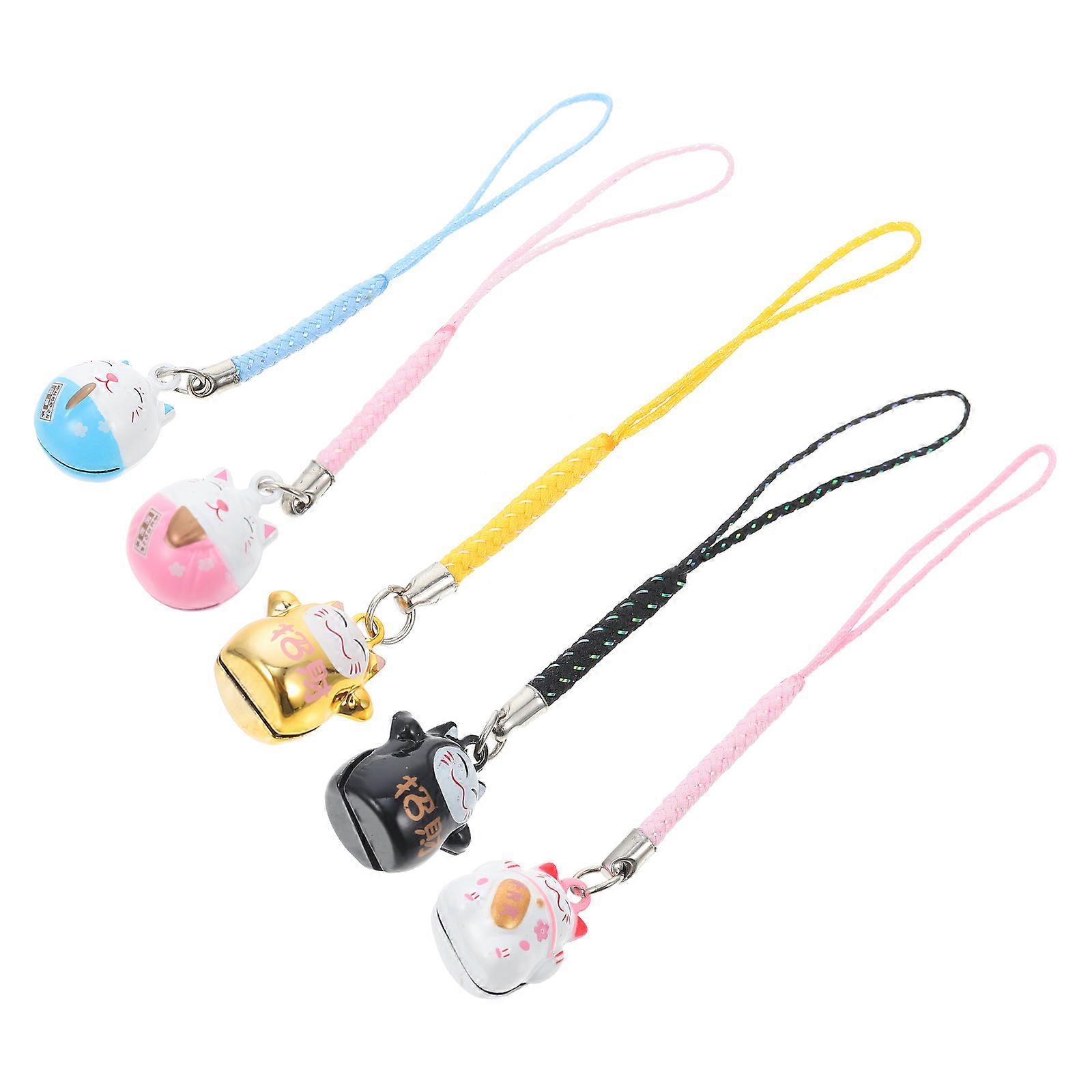 Bell Keychains Cat Phone Charm Strap Fortune Cat Look 5Pcs Black Copper