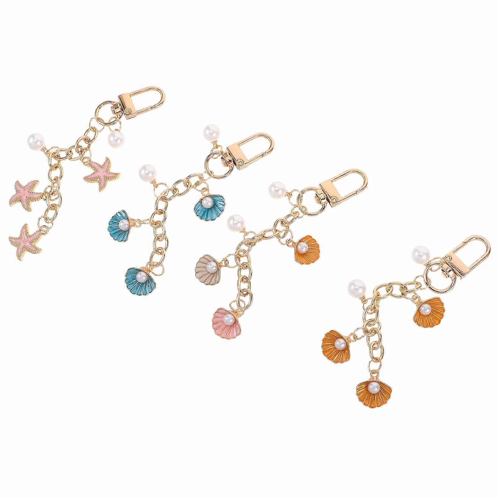 Ocean Themed Pearl Seashell Keychain for Decor 4Pcs with Cute Beach Charm