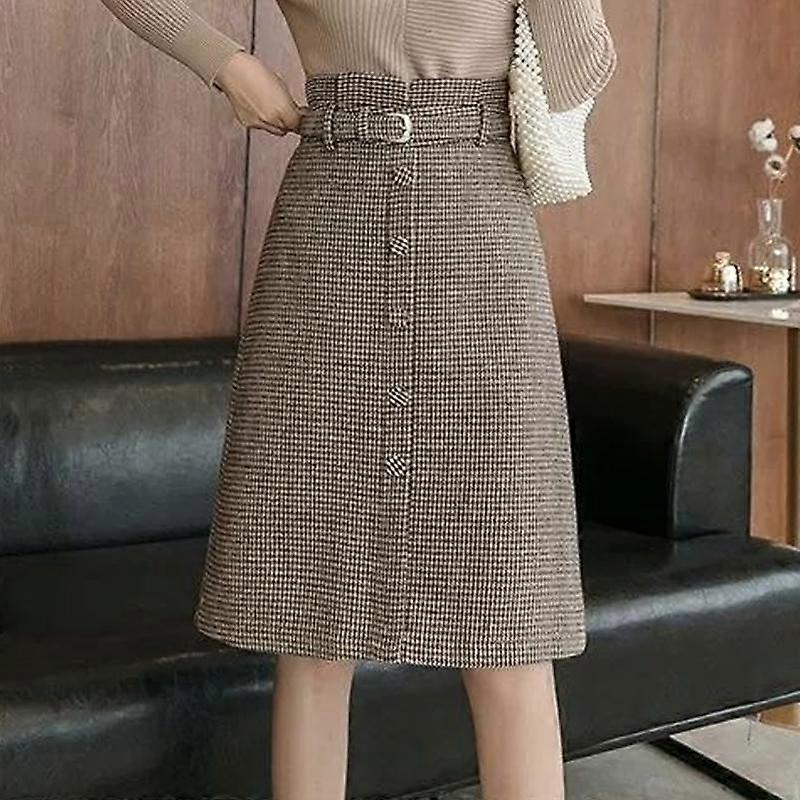 Femei Amestec de lână în carouri Fuste cu centură Midi Talie înaltă Slim Houndstooth A-Line Lungime genunchi Fustă Feminin Faldas