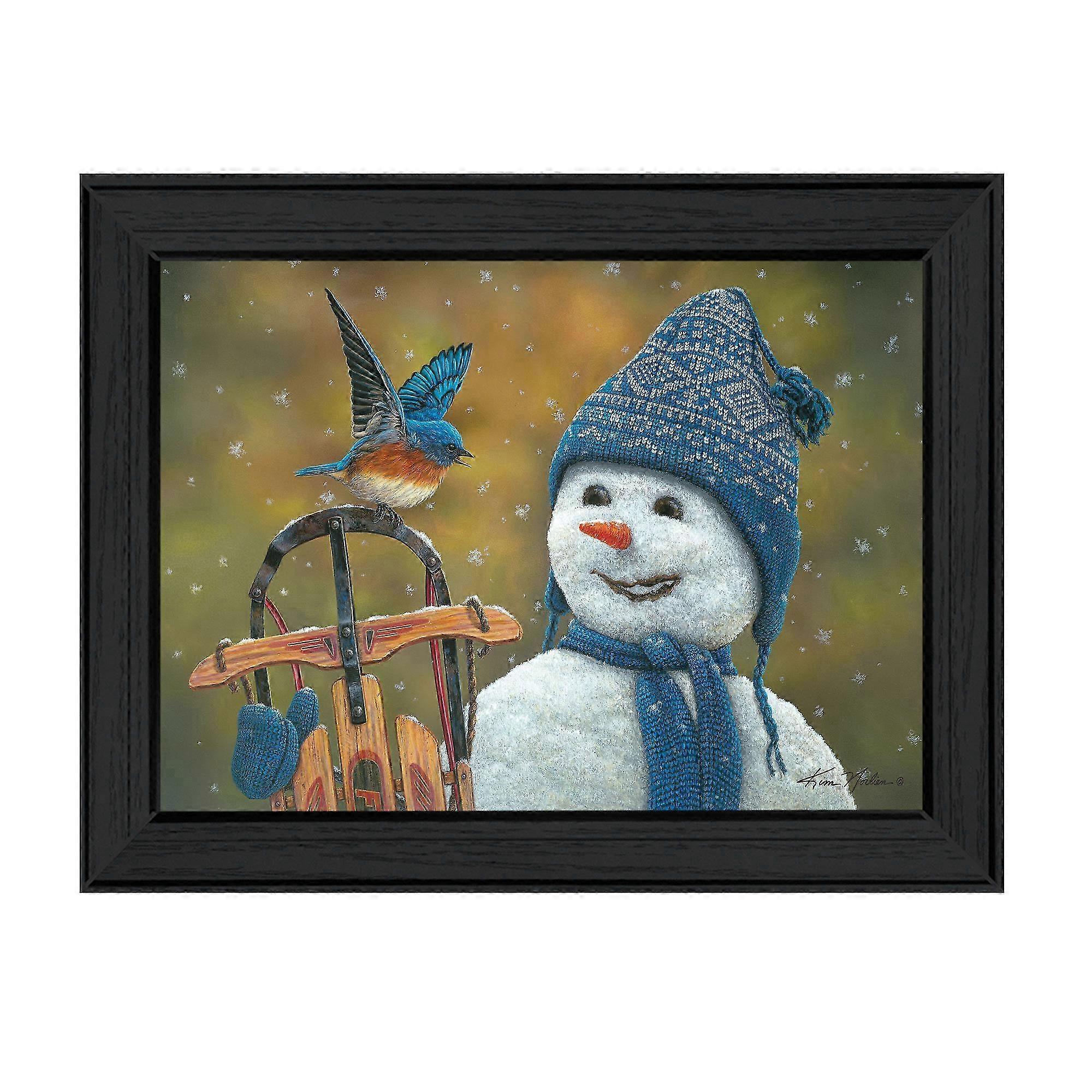 Bluebird Snowman Framed Print, Ready to Hang, Black Frame