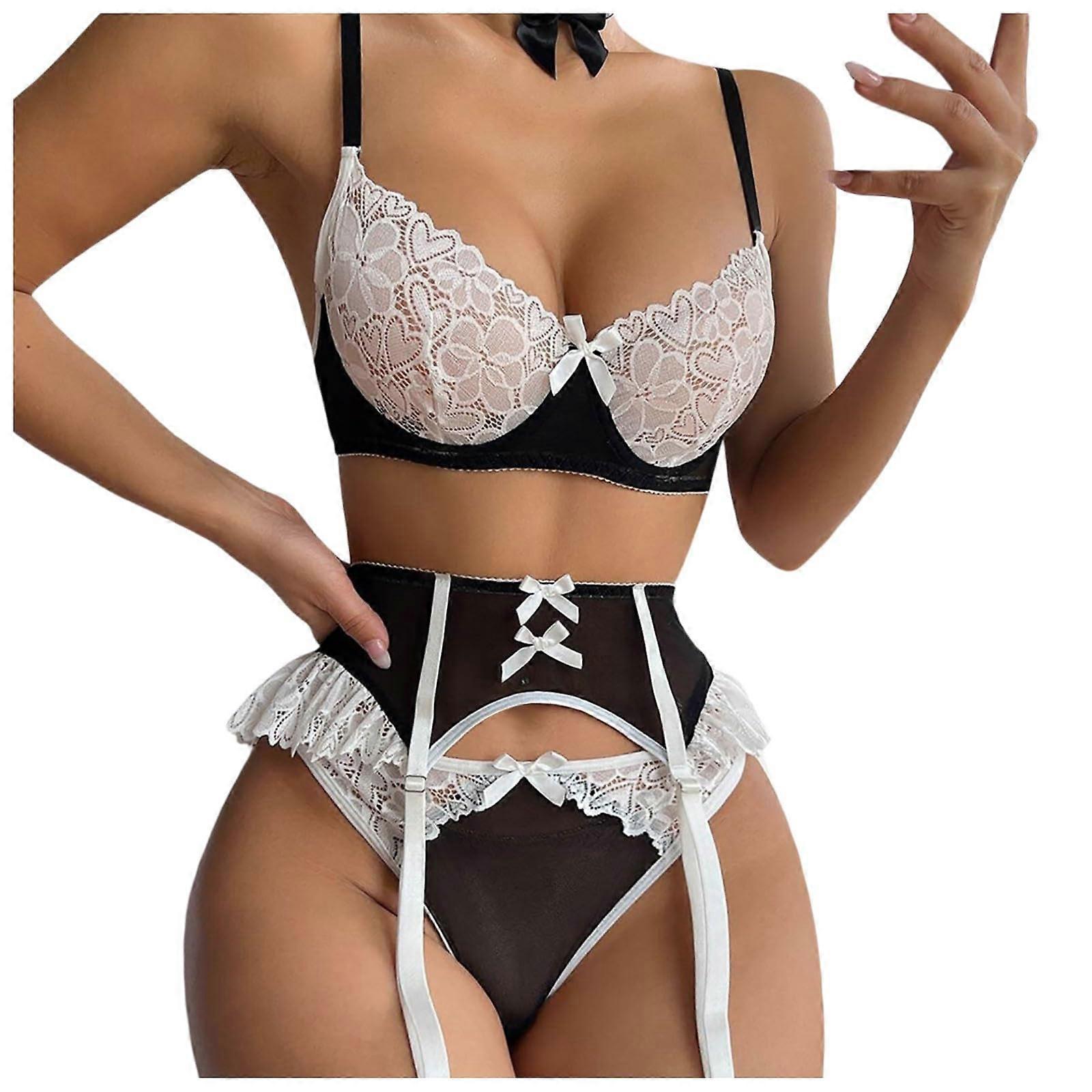 Lingerie Women's Satin Negligee Nightdress V-Neck Babydoll Lace Sleepwear Spaghetti Strap Dress With G-String Black M