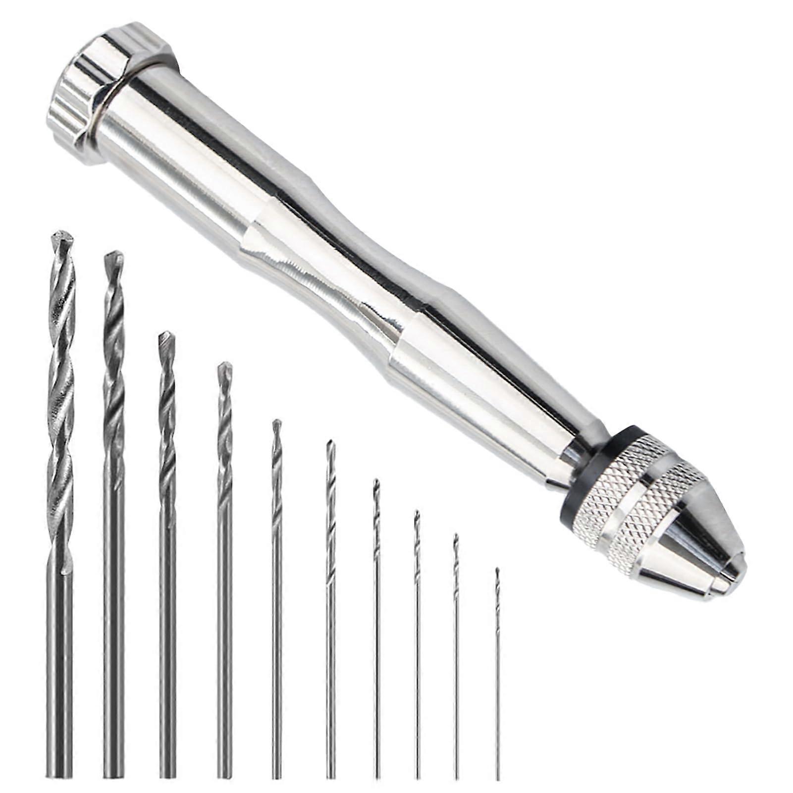 Hand Drill with 10 Spiral Drill Bits (0.8-3 mm) for Model Making, Zinc Alloy Mini Drill Set, Crafts and Epoxy Resin