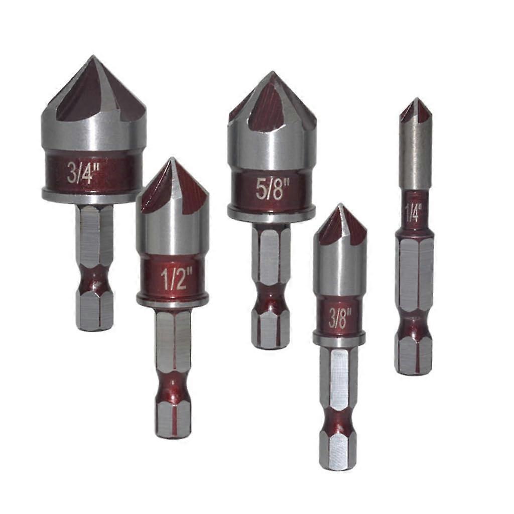 Hex Shank Countersink Drill Bit Set 82° for Woodworking Hole Opening, 5 Piece (1/4 to 3/4 Inch)