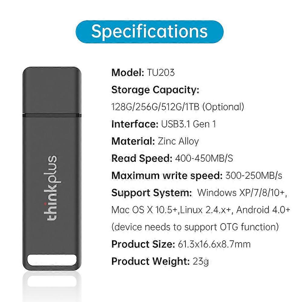 Sterownik flash thinkplus TU203 1T USB3.1 Gen 1 Interfejs Szybki transfer dla dużych plików wideo Obraz kompatybilny z systemem Windows, Android, MacOS, Linux Sy