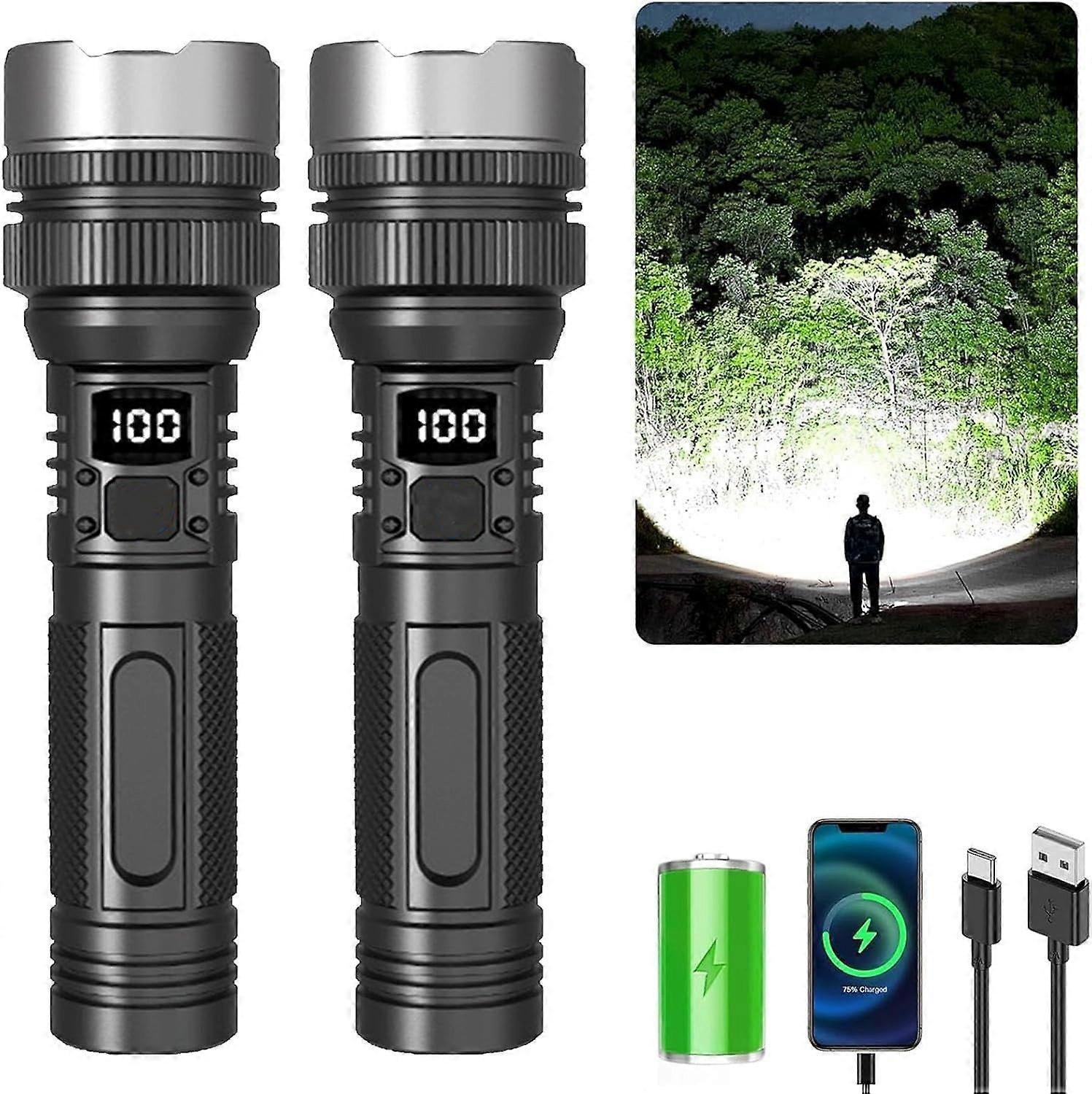 2Pcs The Ultimate Survival Flashlight, IPX7 Waterproof Zoomable Torch with 3 Modes(Black)