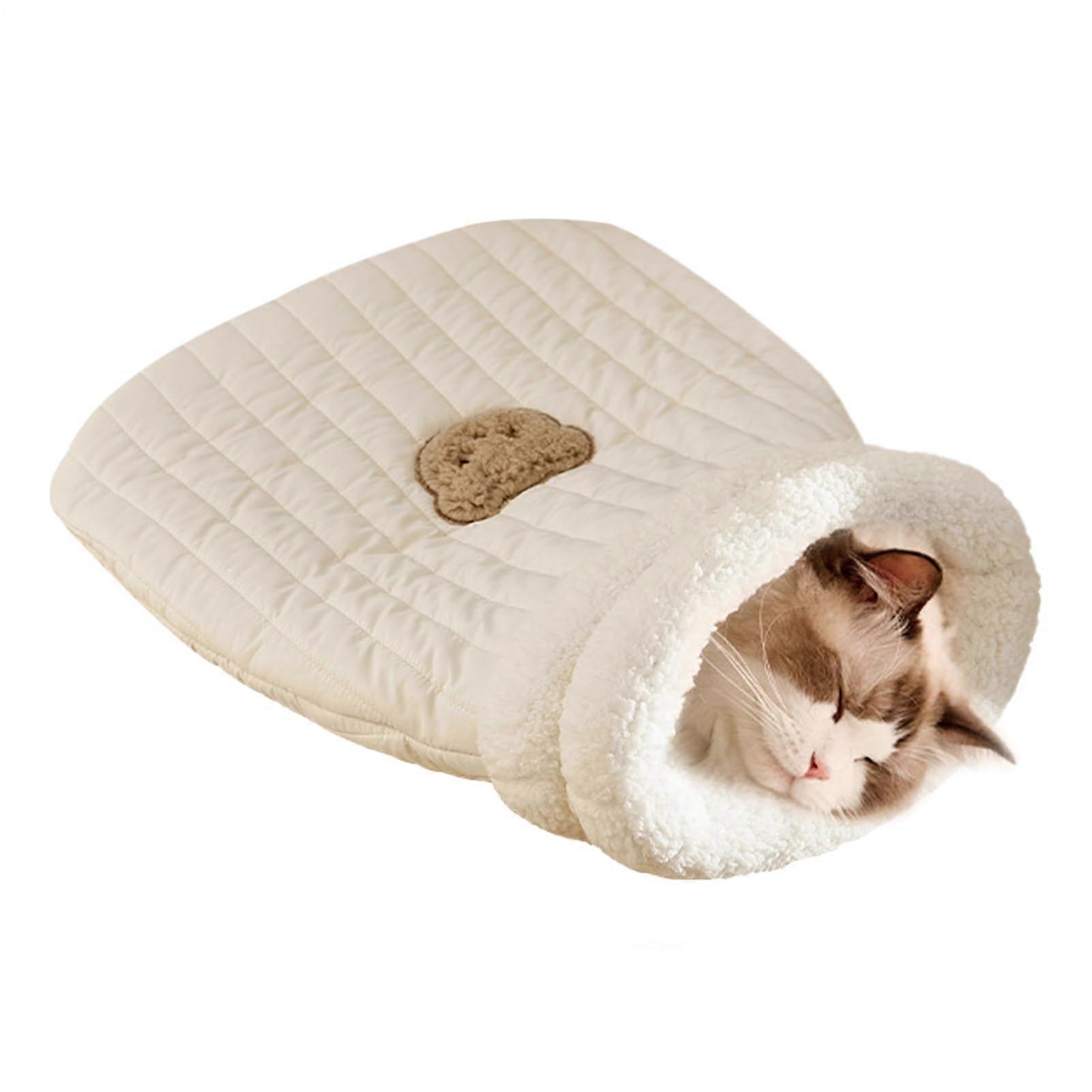 Pet Mat Warming Pad Sack Cozy Cat Bed Soft Plush Sleeping Bag Easy Access Design For Cats And Small Dogs White Size S