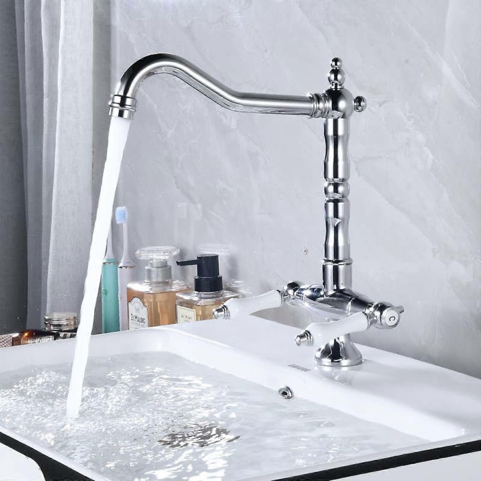 Bathroom Basin Mixer Retro TwoHandle, 360Degree Swivel Spout, Brass Sink Faucet Chrome Plated, Hot Cold Water