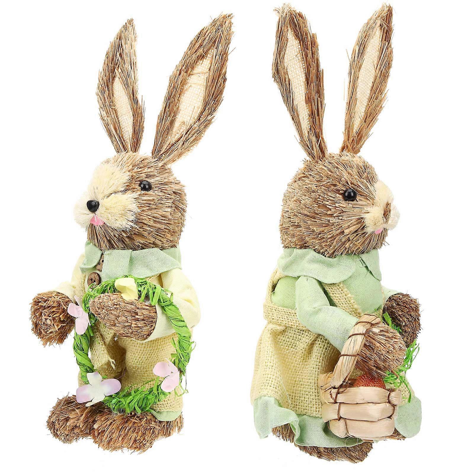 Straw Woven Easter Bunny Statues Decorative Bunny Figurines 4Pcs